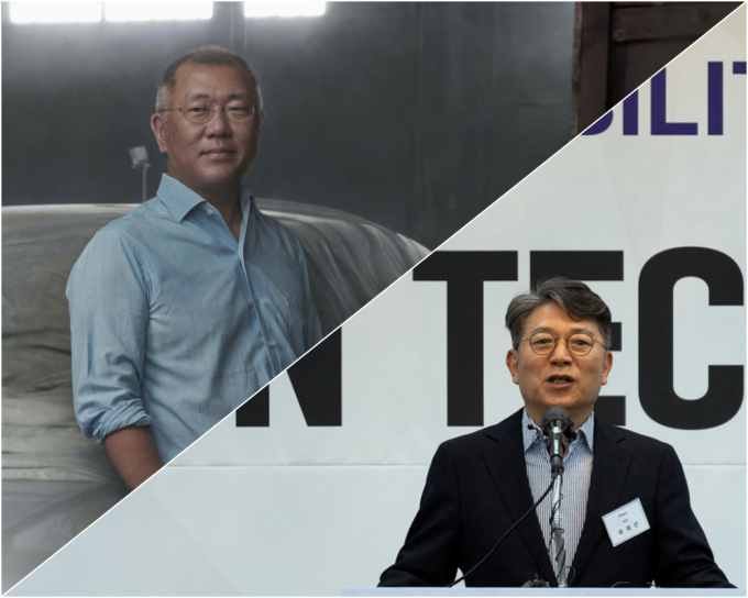 정의선 현대차그룹 회장과 곽재선 KG모빌리티 회장이 2023서울모빌리티쇼 현장에서 만났다. /사진=각 사