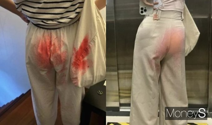 태국 방콕에서 흰 바지를 입은 여성에게 붉은 페인트를 뿌리는 공격이 연이어 발생해 물의를 빚고 있다. 사진은 흰 바지를 입은 태국 여성들이 빨간색 스프레이 테러를 당한 모습. /사진=트위터