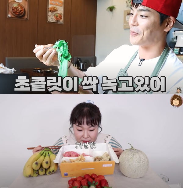 식품업계는 이색메뉴 출시가 효과적인 마케팅 방법이라는 입장이다. 사진은 유튜버 상해기(위)가 민트초코 떡볶이를 먹는 모습과 코미디언 김민경이 후르츠 치킨을 먹는 모습. /사진=유튜브 채널 '상해기', '민경장군' 캡처