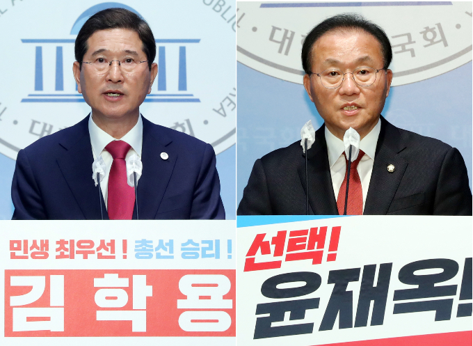 국민의힘이 새 원내사령탑을 뽑는 가운데 '윤심'이 작용하지 않을 것으로 보인다. 사진은 지난 4일 서울 여의도 국회에서 원내대표 출마선언 기자회견을 하는 김학용(왼쪽) 의원과 윤재옥 의원. /사진=뉴스1