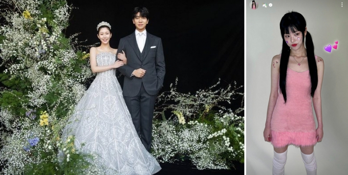 이승기와 배우 이다인이 결혼했다. 사진은 지난 7일 열린 결혼식 현장 사진(왼쪽)과 결혼식 하객으로 참석했던 이유비. /사진=사진=뉴스1(휴먼메이드), 이유비 인스타그램