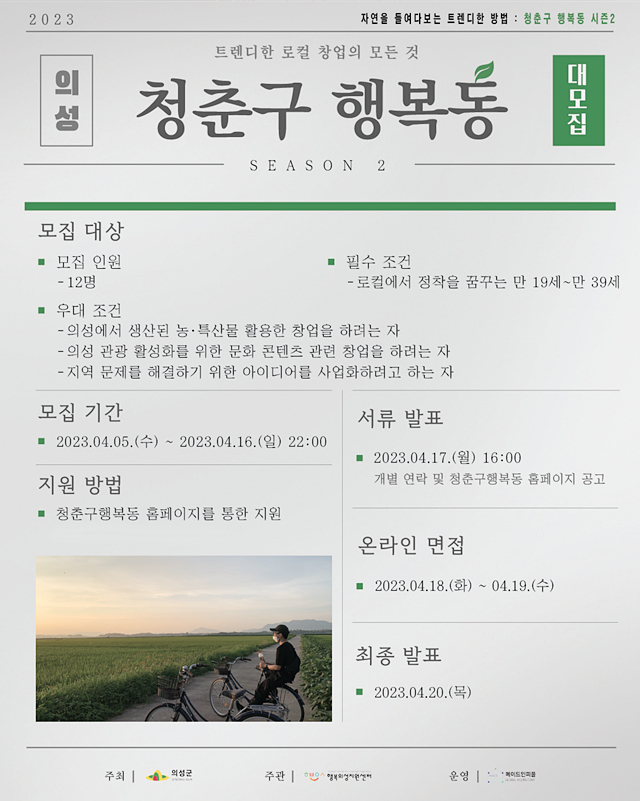 성군이 오는 16일까지 새로운 도약을 꿈꾸는 도시청년들이 지역에 안정적으로 정착할 수 있도록 도움을 주는 프로그램인 '청춘구 행복동 시즌2' 1기 참여자를 모집한다./사진제공=경북 의성군
