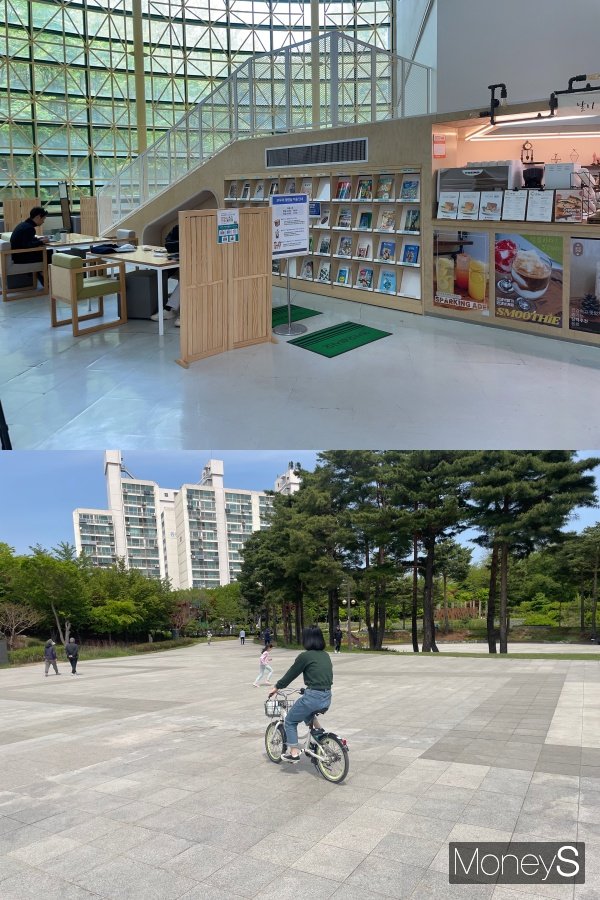 무지출 챌린지를 하며 가장 어려웠던 것은 여가를 즐기는 것과 사회생활이었다. 사진은 서울 강북구 문화정보도서관 1층 모습(위)과 지난 4월23일 서울 강북구 북서울꿈의숲에서 자전거를 타는 기자의 모습. /사진=염윤경 기자