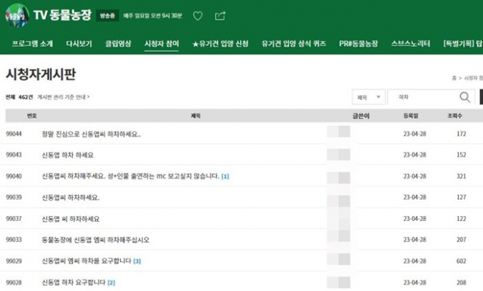 'TV 동물농장' MC 신동엽을 향한 하차 요구 게시글이 쏟아졌다. /사진=SBS 'TV동물농장' 시청자게시판 캡처