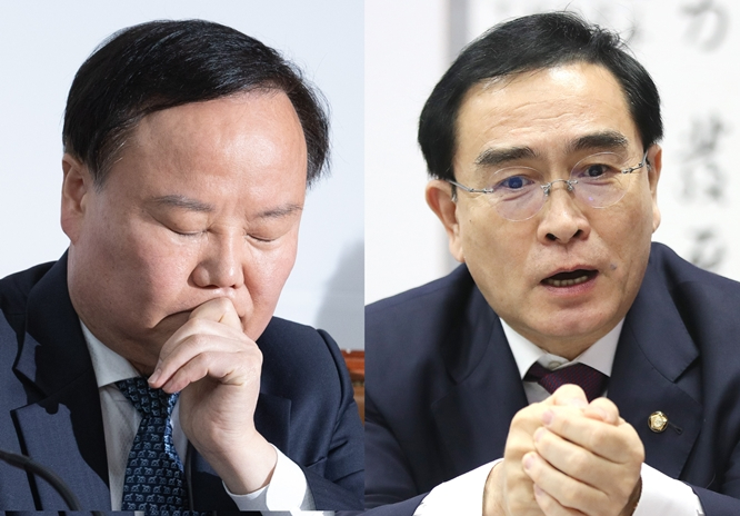 1일 국민의힘 윤리위원회가 황정근 신임 윤리위원장 주재로 첫 회의를 연다. 사진은 김재원 국민의힘 최고위원(왼쪽)과 태영호 국민의힘 최고위원. /사진=뉴스1