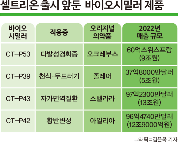 셀트리온은 연간 수조원 이상의 매출을 올리는 오리지널 의약품의 바이오시밀러 제품 출시를 준비 중이다 . /그래픽=김은옥 기자