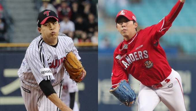 공동 1위 LG트윈스와 SSG랜더스가 23일부터 인천 SSG랜더스파크에서 주중 3연전을 치른다. 사진은 23일 선발 투수로 예고된 LG 임찬규(왼쪽)와 SSG 오원석. /사진=뉴스1