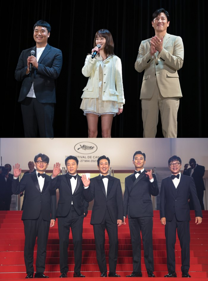7편의 한국영화가 올해 칸영화제에 초청된 가운데 한국영화 두 편이 첫 선을 보였다. 사진은 지난 21일(현지시각) 제 76회 칸 국제영화제가 열리고 있는 프랑스 남부 소도시 칸 에스파스 미라마르 극장에서 비평가주간 초청작 '잠' 시사회에 참석한 유재선 감독, 주연배우 정유미, 이선균의 모습(위)과 뤼미에르 대극장에서 열린 미드나잇 스크리닝 부문 초청작 '탈출: 프로젝트 사일런스' 시사회 레드카펫에 오른 김태곤 감독, 배우 김희원, 이선균, 주지훈의 모습(아래)/사진=뉴스1