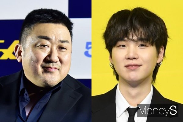 배우 마동석과 그룹 방탄소년단 멤버 슈가의 브로맨스가 눈길을 끌고 있다. 사진은 지난 5월 서울 강남구 삼성동 코엑스 메가박스에서 열린 '범죄도시3'(감독 이상용) 제작보고회에 참석한 배우 마동석과 지난 2021년 5월 서울 송파구 방이동 올림픽공원 올림픽홀에서 열린 새 디지털 싱글 'Butter(버터)' 발매 기념 글로벌 기자간담회에 참석한 그룹 방탄소년단 멤버 슈가. /사진=장동규 기자