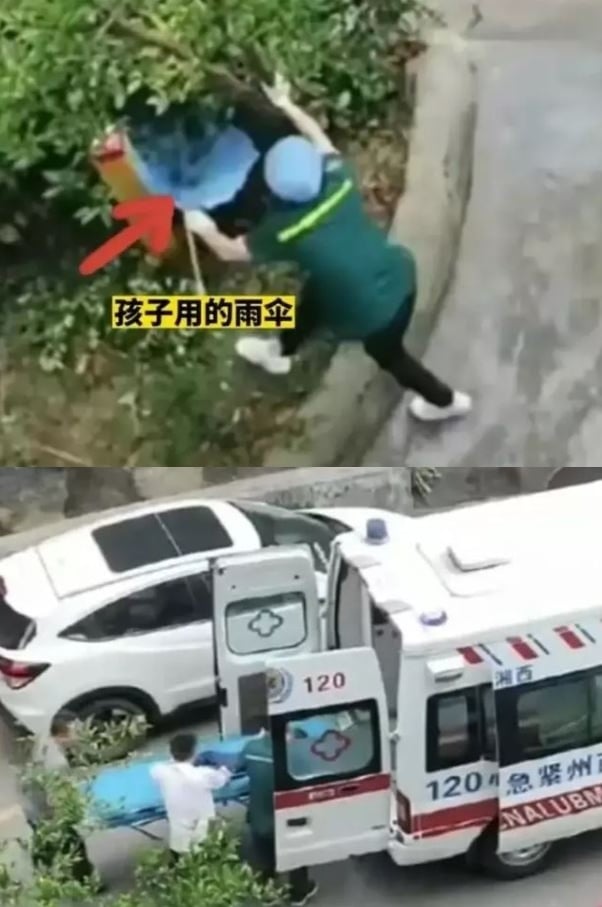 만화 속 캐릭터를 흉내 내려고 26층에서 뛰어내린 아이가 구조돼 구급차에 실려가는 모습. 아이는 다행히 골절상을 입고 생명에는 지장이 없는 것으로 전해졌다. (중국 넷이즈)
