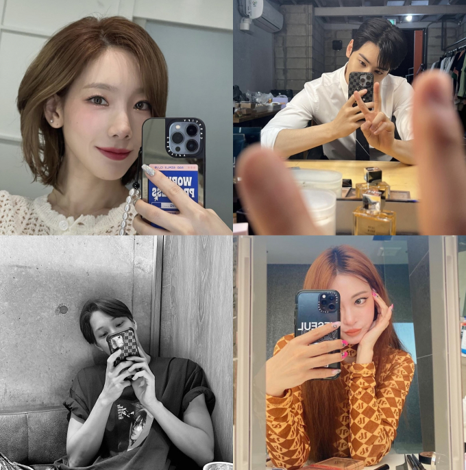 한 휴대폰케이스 브랜드는 유명 연예인들의 인스타그램 피드에 단골 아이템으로 등장하면서 화제를 모았다. 사진은 왼쪽 위부터 시계방향으로 소녀시대 태연, 아스트로 차은우, 배우 한예슬, 엑소 카이. /사진=태연, 차은우, 카이, 한예슬 사회관계망서비스(SNS) 캡처