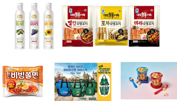 식품업계에서는  비교적 적은 휴가비로 가족과 함께 즐길 수 있는 국내 나들이?캠핑을 계획하는 이들을 겨냥해 신제품을 출시하고 있다. 사진 왼쪽 위부터 시계방향으로 사조대림 해표 '오일 스프레이' 3종, 사조대림 대림선 '꼬치오뎅' 3종, 농심 '컵누룽Z', 하이트진로 '테라X어프어프 아이스백 기획팩', 팔도 '비빔쫄면' 이미지. /사진=각 사