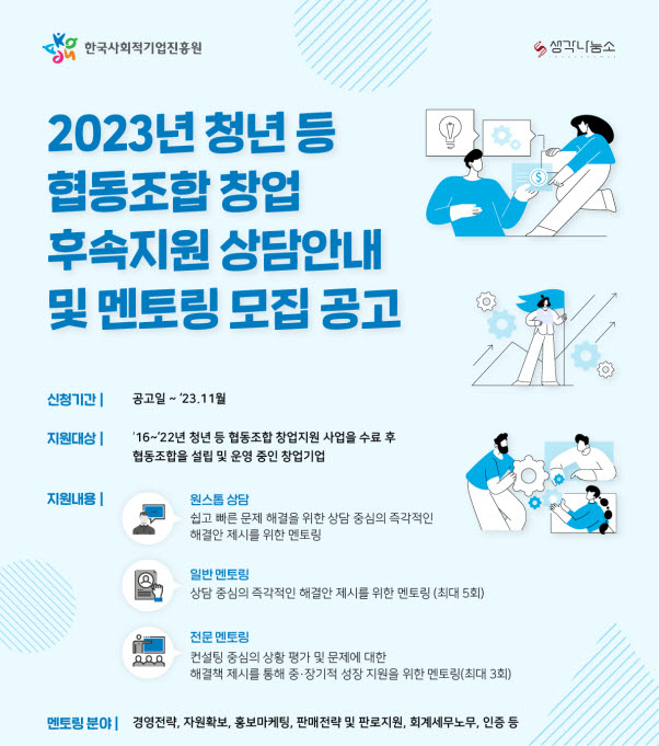 한국사회적기업진흥원, 청년 등 협동조합 창업지원사업 창업팀 출신 멘토링 지원한다