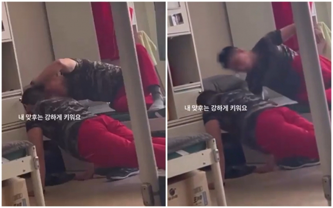 선임으로 추정되는 인물이 후임으로 추정되는 인물을 향해 욕설을 하며 옆에서 위협하고 있다. /사진=육군훈련소 대신 전해드립니다 캡처