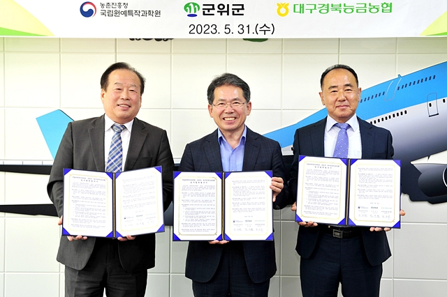 군위군이 농촌진흥청 국립원예특작과학원, 대구경북능금농협 등과 국내 육성 여름사과 신품종 '골든볼' 생산단지 조성을 위한 업무협약을 체결했다./사진제공=경북 군위군