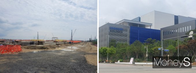 삼성바이오로직스가 바이오의약품 생산능력을 지속해서 확대하고 있다. 사진은 삼성바이오로직스 제5 공장 공사 현장 모습(왼쪽)과 삼성바이오로직스 제4공장 전경. /사진=지용준 기자