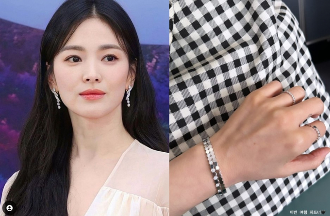송혜교는 2일 사회관계망서비스(SNS) 인스타그램에 "이번 여행 파트너"라는 글과 함께 본인이 착용한 팔찌를 사진을 게재했다. /사진=송혜교 인스타그램