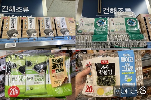 플라스틱 트레이를 사용하지 않은 김이 인기다. 사진은 대형마트에서 판매하는 친환경 포장 김들. /사진=염윤경 기자