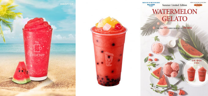  사진 왼쪽부터 드롭탑의 '시원수박스무디', 메가커피의 '수박화채스무디', 빨라쪼의 '젤라또'와 '프레도'. /사진=각 사 