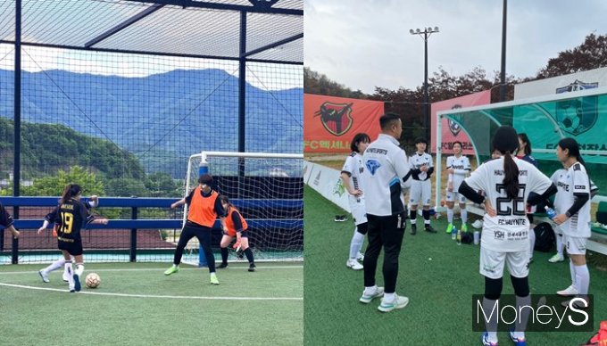2030 여성들은 풋살 동호회에 가입하는 데 그치지 않고 직접 풋살팀과 동아리를 만들기도 한다. 사진은 풋살 경기를 진행 중인 대학생 김모씨(왼쪽)와 '골때녀'의 팀 '액셔니스타'와 경기를 진행 중인 여성 축구동호회 'FC 하위나이트 레이디스'(오른쪽). /사진=김모씨(왼쪽), 이주현 대표 제공