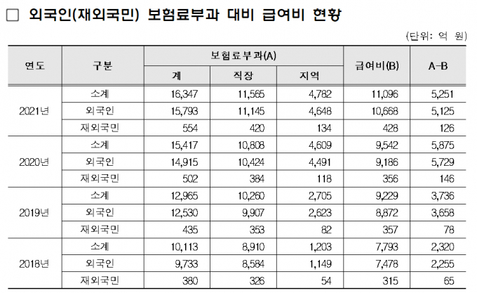 외국인(재외국민) 보험료 부과 대비 급여비 현황을 살펴보면 건강보험 재정 수지는 흑자다. /사진=국민건강보험공단 제공