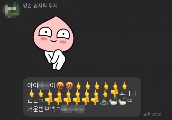 남학생이 보낸 문자 메시지에는 "야 이 XX야 뜨거운 밤 보내 XX"이라며 비속어와 함께 욕설을 의미하는 이모티콘이 포함됐다. 사진은 A씨의 여자친구가 남학생에게 받은 메시지. /사진=온라인 커뮤니티