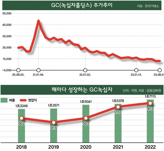 인포그래픽은 GC(녹십자홀딩스) 주가 추이(위)와 핵심 사업사 GC녹십자의 연간 매출 영업익 현황. /그래픽=이강준 기자