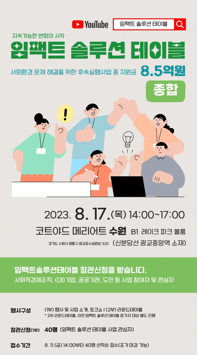 경기도사회적경제원이 종합 임팩트 솔루션 테이블 행사를 17일 오후 2시에 사업 참여자와 관심자 100명 대상으로 코트야드 메리어트 수원에서 개최한다. 사진은 웹포스터. / 자료제공=경기도