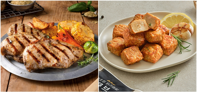 제너시스BBQ(BBQ)와 푸라닭, bhc 등은 닭가슴살 전문 브랜드와 협업하거나 시그니처 메뉴의 소스를 활용해 HMR 제품을 내놓았다. 사진은 BBQ의 그릴 통 닭가슴살 허브맛(왼쪽)과 bhc의 맛초킹 닭가슴살 큐브. /사진=BBQ, 아이더스코리아