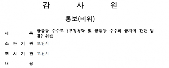 포천시가 지난 2023년 하반기 감사원에서 금품 등 수수로 부정 청탁 및 금품 등 수수의 금지에 관한 법률 위반의 문제점이 있는 것으로 확인됐다./사진=감사원 캡처 
