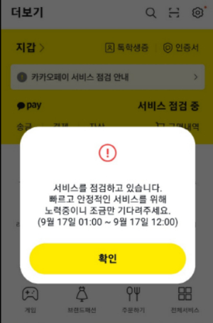 카카오페이가 낮 12시까지 서비스 점검을 진행해 주요 서비스를 이용하지 못하는 불편이 이어지고 있다. /사진=카카오페이 앱 캡처