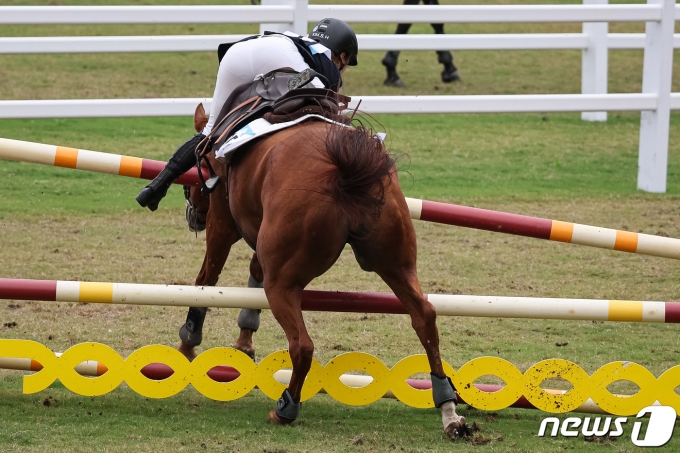 [사진] 근대5종 여자 결선 마장마술 도중 낙마하는 김세희