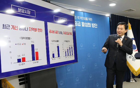 원희룡 국토교통부 장관이 지난 26일 서울 종로구 정부서울청사에서 주택공급 활성화 방안에 대해 상세 설명을 하고 있다. /사진=뉴시스 