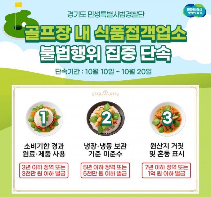 경기도 특별사법경찰단은 10월 10일부터 20일까지 화성시 등 12개 시군 골프장 내 클럽하우스 등 식품접객업소 150곳을 대상으로 불법행위를 집중 단속한다. / 자료제공=경기도 특사경