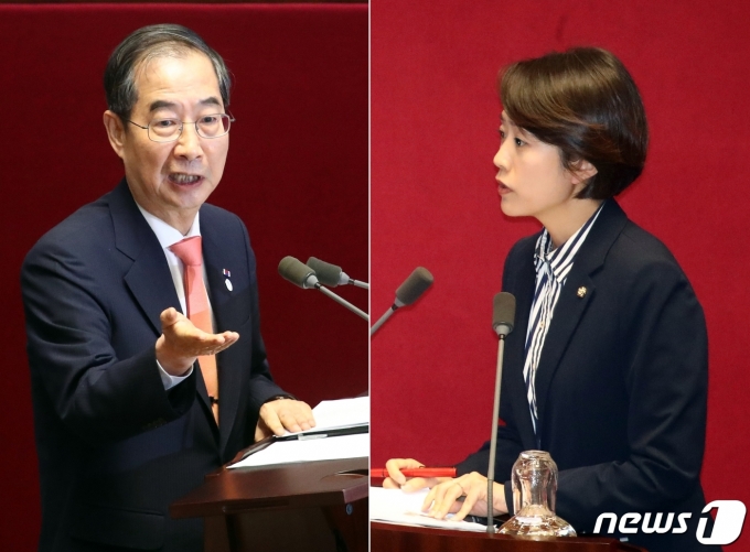 한덕수 국무총리(왼쪽)과 고민정 더불어민주당 의원./