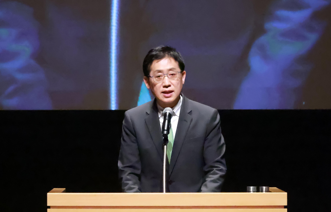 김주현 금융위원장이 지난 2일(현지 시각) 일본에서 열린 닛케이 신문 주관 지속가능포럼에서 연설하고 있다./사진=금융위원회 제공