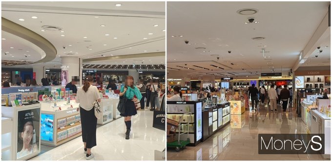 중국 정부가 한국 단체관광을 허가한 지난 8월 국내 면세점 매출액은 1조1366억원으로 지난해 같은 기간과 비교해 27.6%(1조5701억원) 감소했다. 사진은 지난 13일 서울 중구 롯데면세점 명동 본점(왼쪽)과 서울 용산구 신라아이파크면세점. /사진=정원기 기자