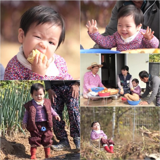 코미디언 홍현희, 인테리어 디자이너 제이쓴 부부의 아들 똥별이가 꽃무늬 일바지 패션까지 완벽하게 소화하며 먹방의 진수를 선보인다. /사진='슈퍼맨이 돌아왔다' 제공