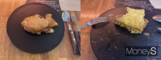 붕마카세에선 '뿌링콘치즈 붕/사진제공=어빵', '타코야끼 붕어빵' 등 쉽게 접할 수 없는 이색 붕어빵을 맛 볼 수 있다. 사진은 기자가 방문한 붕마카세의 첫번째 메뉴였던 '감자 치즈 트러플 붕어빵'과 세번째 메뉴였던 '뿌링콘치즈 붕어빵' 모습. /사진=최재혁 기자