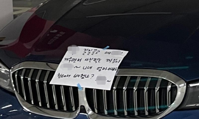 아파트 전기차 충전 칸에 대기 상태로 '알박기 주차'를 일삼는 차량을 신고했다가 해당 차주로부터 모욕당했다는 사연이 전해졌다. 사진은 해당 차주가 자신의 차량에 붙여둔 욕설 메시지. /사진=보배드림