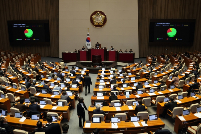 손준성·이정섭 검사 탄핵소추안이 더불어민주당 주도로 국회 본회의를 통과했다. 사진은 지난달 30일 오후 서울 여의도 국회 본회의장에서 열린 제410회 국회(정기회) 제12차 본회의에서 이종석 헌법재판소장 임명동의안을 표결하는 모습. /사진=뉴스1