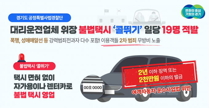 자가용이나 렌터카를 이용해 불법 택시영업인 일명 '콜뛰기'를 하던 일당 19명이 경기도 수사망에 덜미를 잡혔다. 자료는 관련 홍보물. / 자료제공=경기도