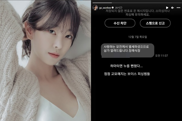 배우 고원희가 부고 문자를 가장한 스미싱(휴대전화 문자를 이용한 피싱)에 속아 넘어갈 뻔했다고 밝혔다. /사진=고원희 인스타그램