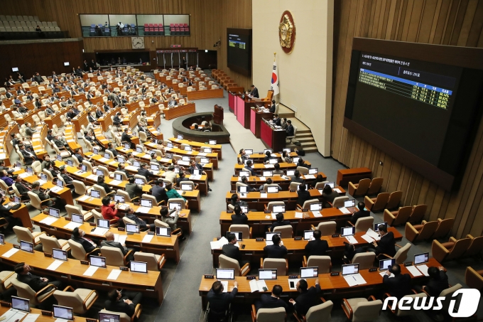 8일 서울 여의도 국회 본회의장에서 열린 제410회국회(정기회) 제14차 본회의에서 재표결로 상정된 노조법 2·3조 개정안(노란봉투법)과 방송법·방송문화진흥회법·한국교육방송공사법 개정안(방송3법)이 부결되고 있다./뉴스1 ⓒ News1 임세영 기자