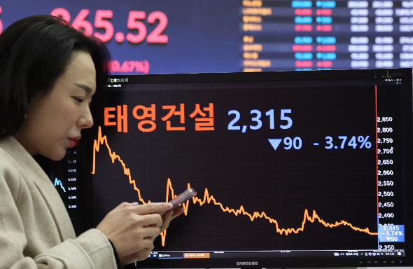 부동산 프로젝트파이낸싱(PF)으로 유동성 문제를 겪고 있는 태영건설이 워크아웃을 신청한 28일 서울 여의도 한국거래소에서 한 직원이 모니터를 확인하고 있다./사진=뉴스1