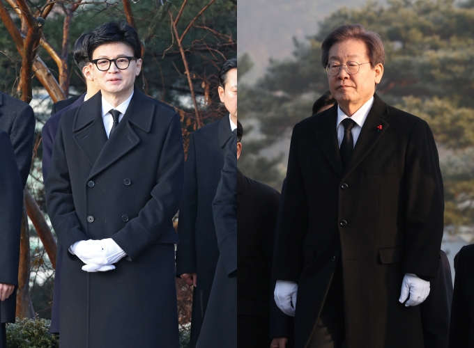 한동훈 국민의힘 비상대책위원장(왼쪽)과 이재명 더불어민주당 대표가 1일 국립현충원을 방문했다. /사진=뉴시스