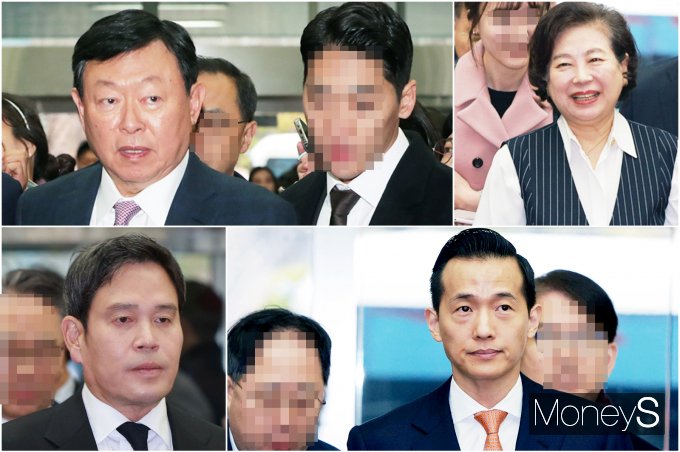 신동빈 롯데그룹 회장(왼쪽 시계방향부터), 현정은 현대그룹 회장, 김동관 한화그룹 대표이사(부회장), 정용진 신세계그룹 부회장