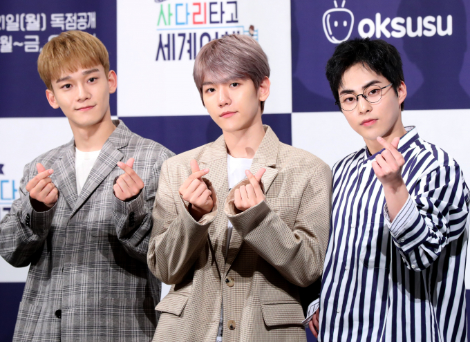 사진은 지난 2018년 5월 서울 논현동 임피리얼팰리스호텔에서 열린 옥수수 예능 '엑소의 사다리 타고 세계여행 - 첸백시 일본편' 제작발표회에 참석한 그룹 엑소 첸, 백현, 시우민(왼쪽부터). /사진=머니투데이