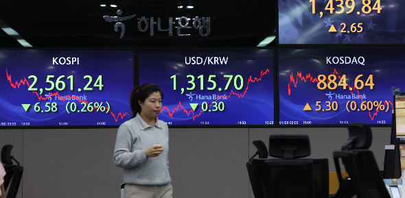 코스피가 전 거래일(2567.82)보다 6.58포인트(0.26%) 하락한 2561.24에 장을 닫은 9일 서울 중구 하나은행 딜링룸에서 딜러들이 업무를 보고 있다. /사진=뉴시스