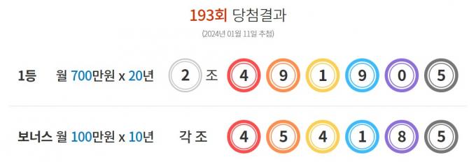 제193회 연금복권 720+ 당첨 결과 (동행복권 홈페이지 갈무리)